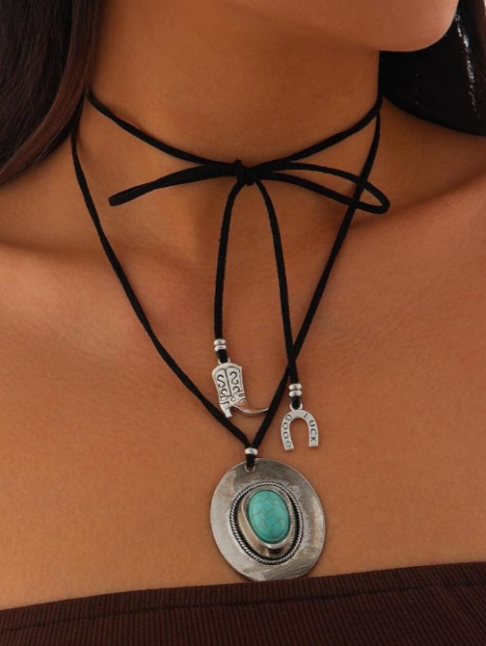 Vintage Western Faux Turquoise Cowgirl Hat Cord Choker Pendant Necklace